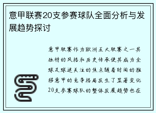 意甲联赛20支参赛球队全面分析与发展趋势探讨