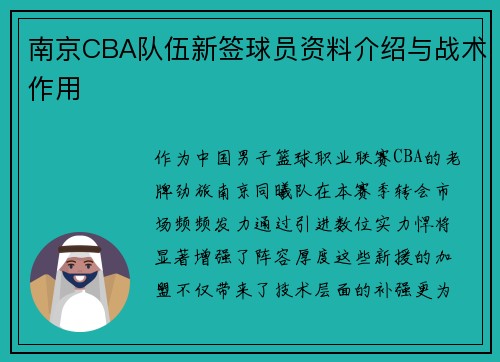 南京CBA队伍新签球员资料介绍与战术作用